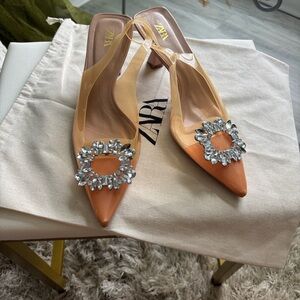Zara Tan Pointed Slingback Heels with Crystal Detail